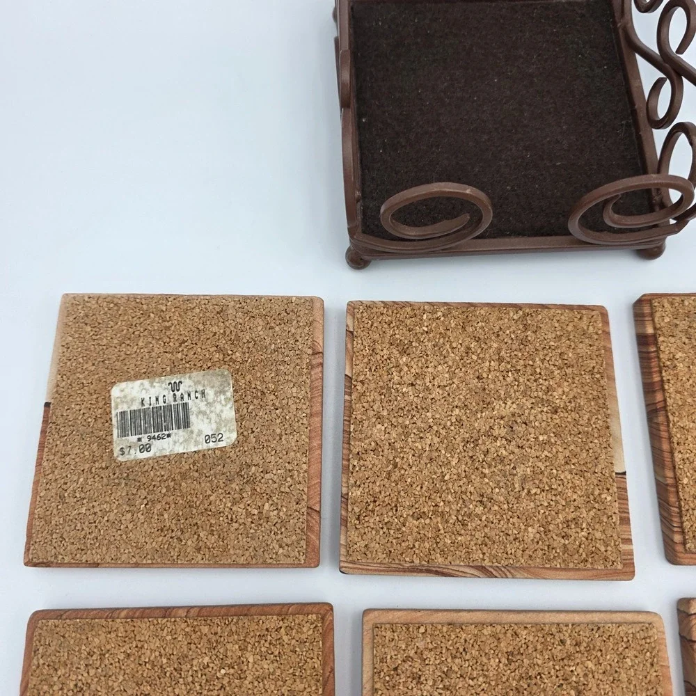 King Ranch Engraved Sanded Tile Coaster Set with Holder Western Horses Texas 9pc